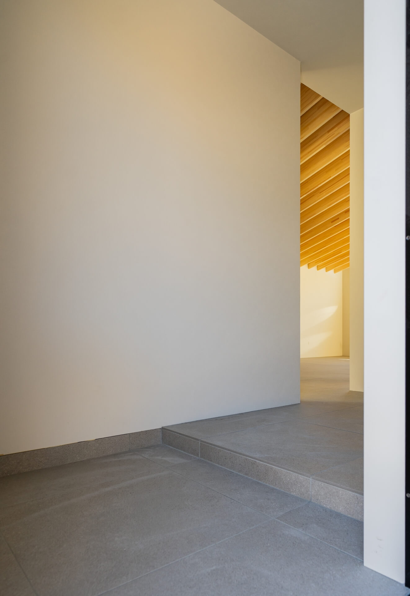 山梨県富士ケ嶺で建築中のヴィラの玄関ホールからの眺め。